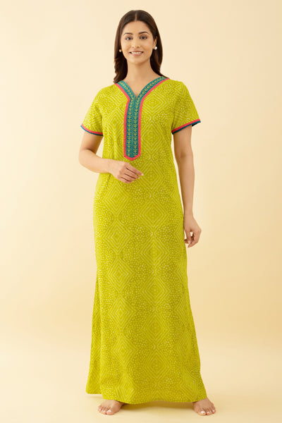Printed Green Color Cotton Nighty Embroidery