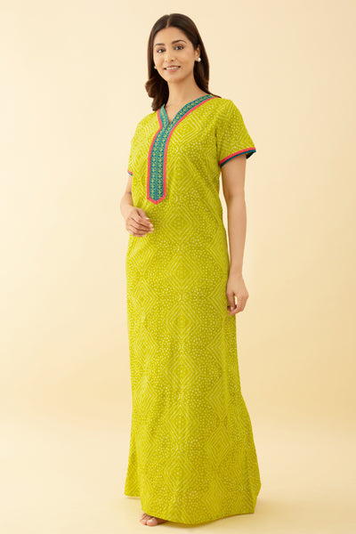 Printed Green Color Cotton Nighty Embroidery