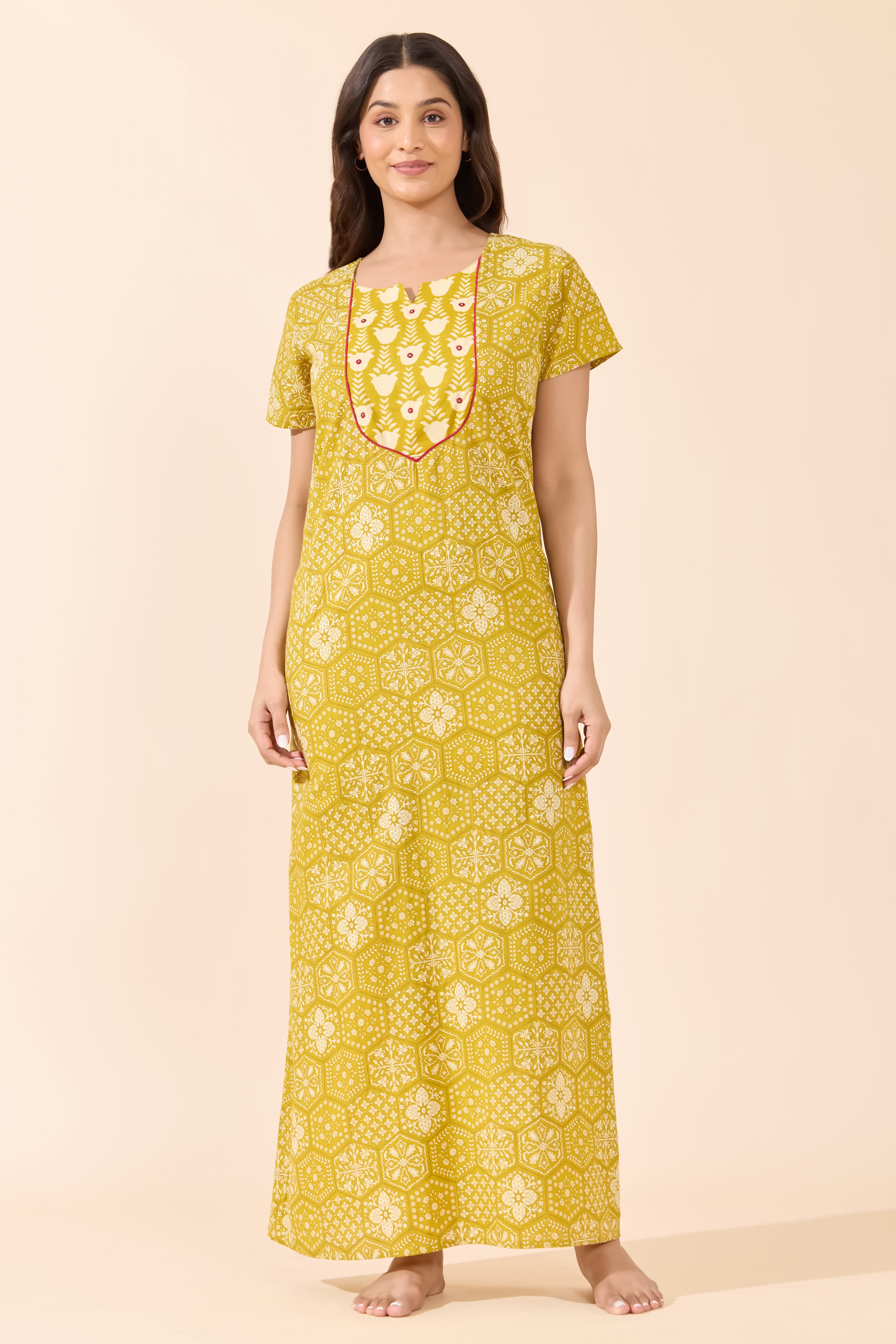 Mustard Geometric Floral Cotton Nightwear