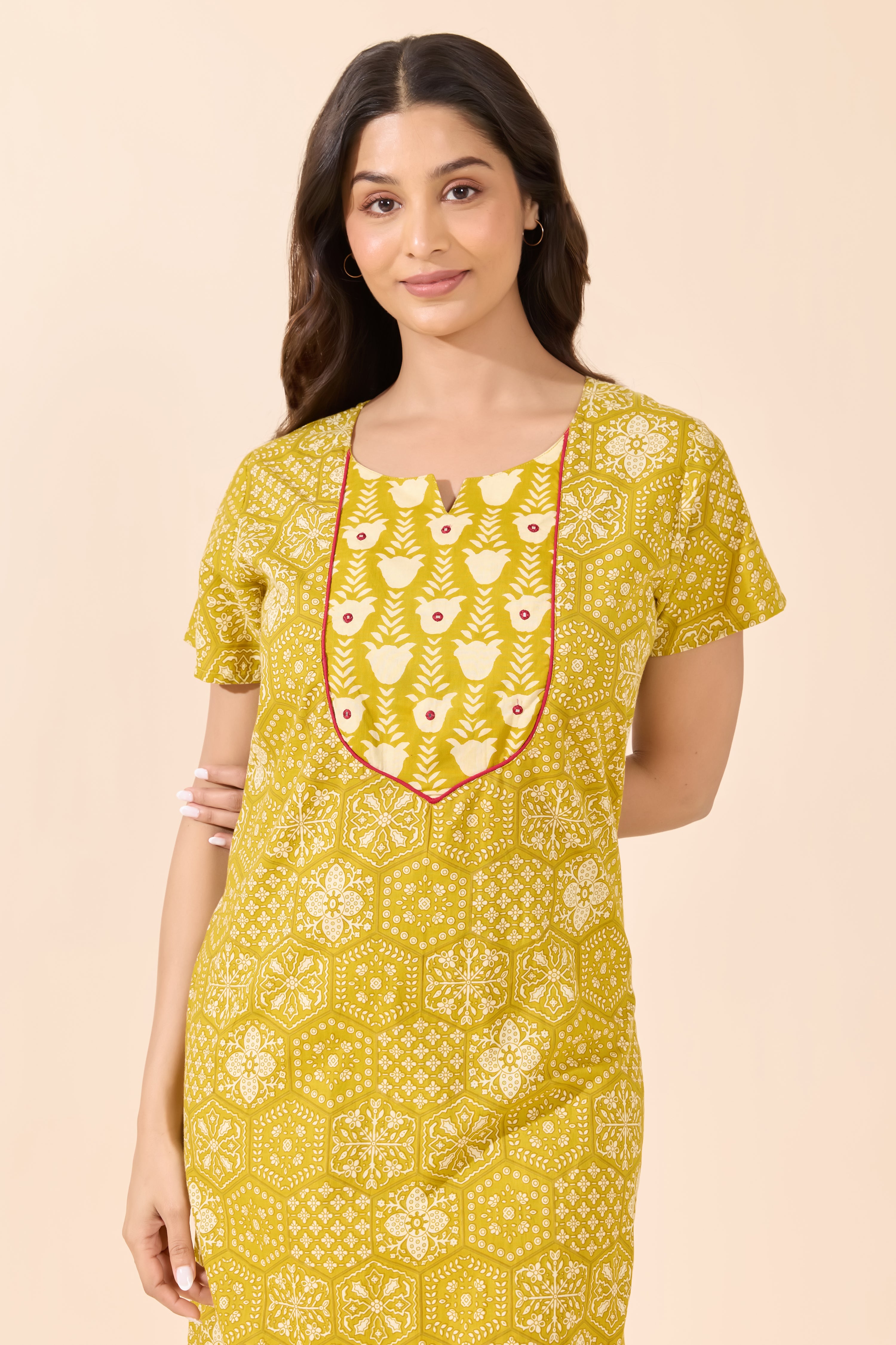 Mustard Geometric Floral Cotton Nightwear