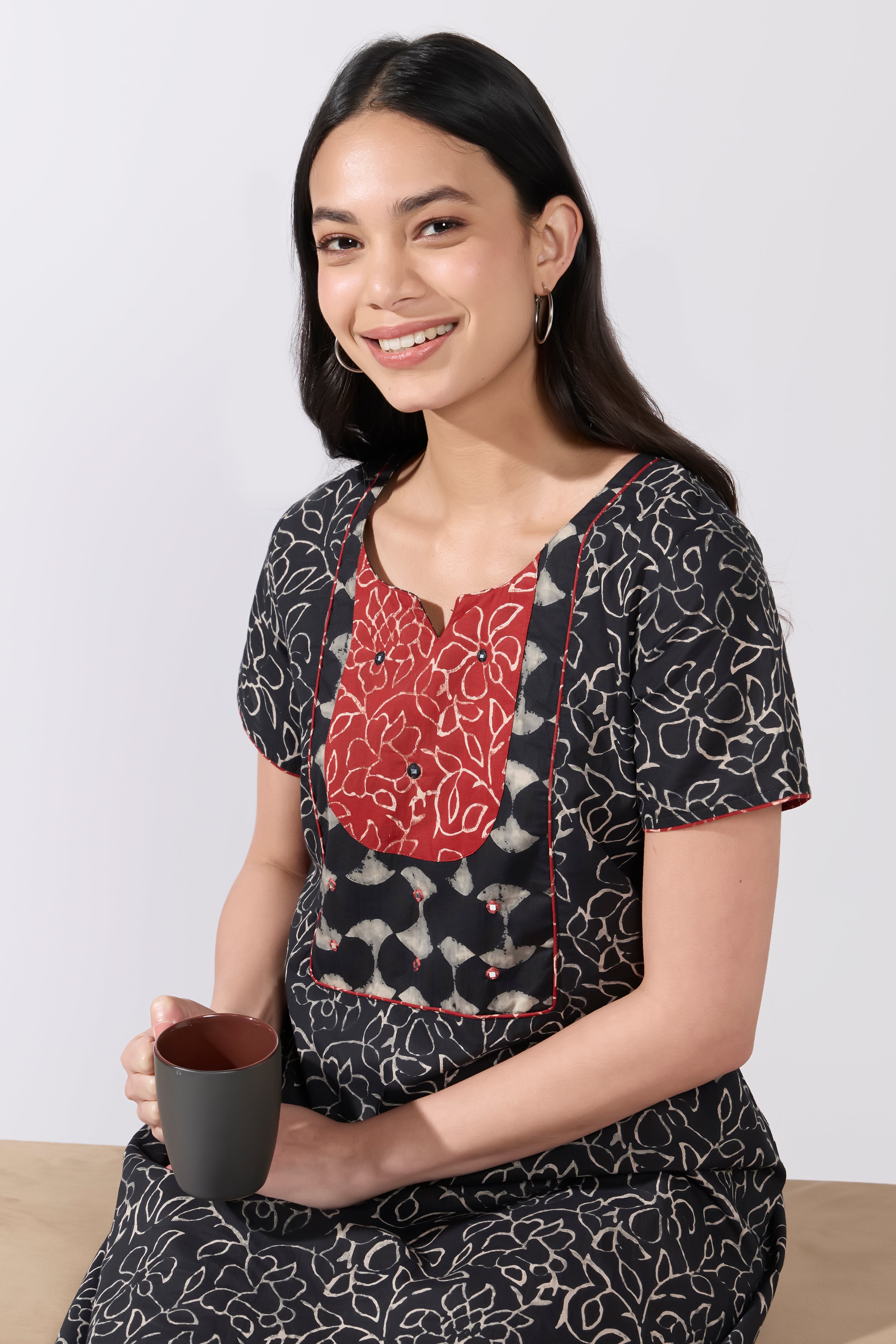 Black Batik Printed Cotton Nightwear