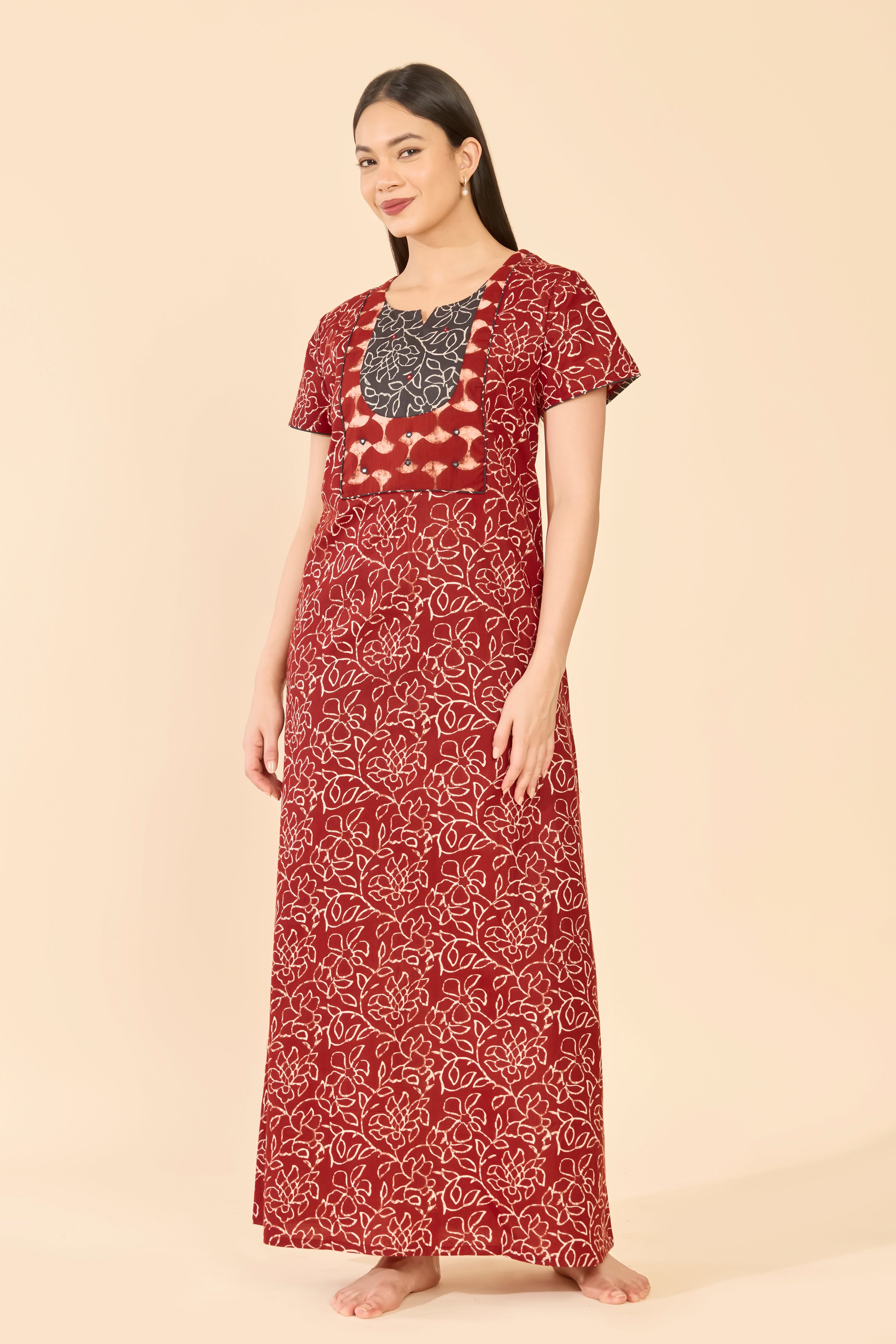 Maroon Batik Printed Cotton Nightwear