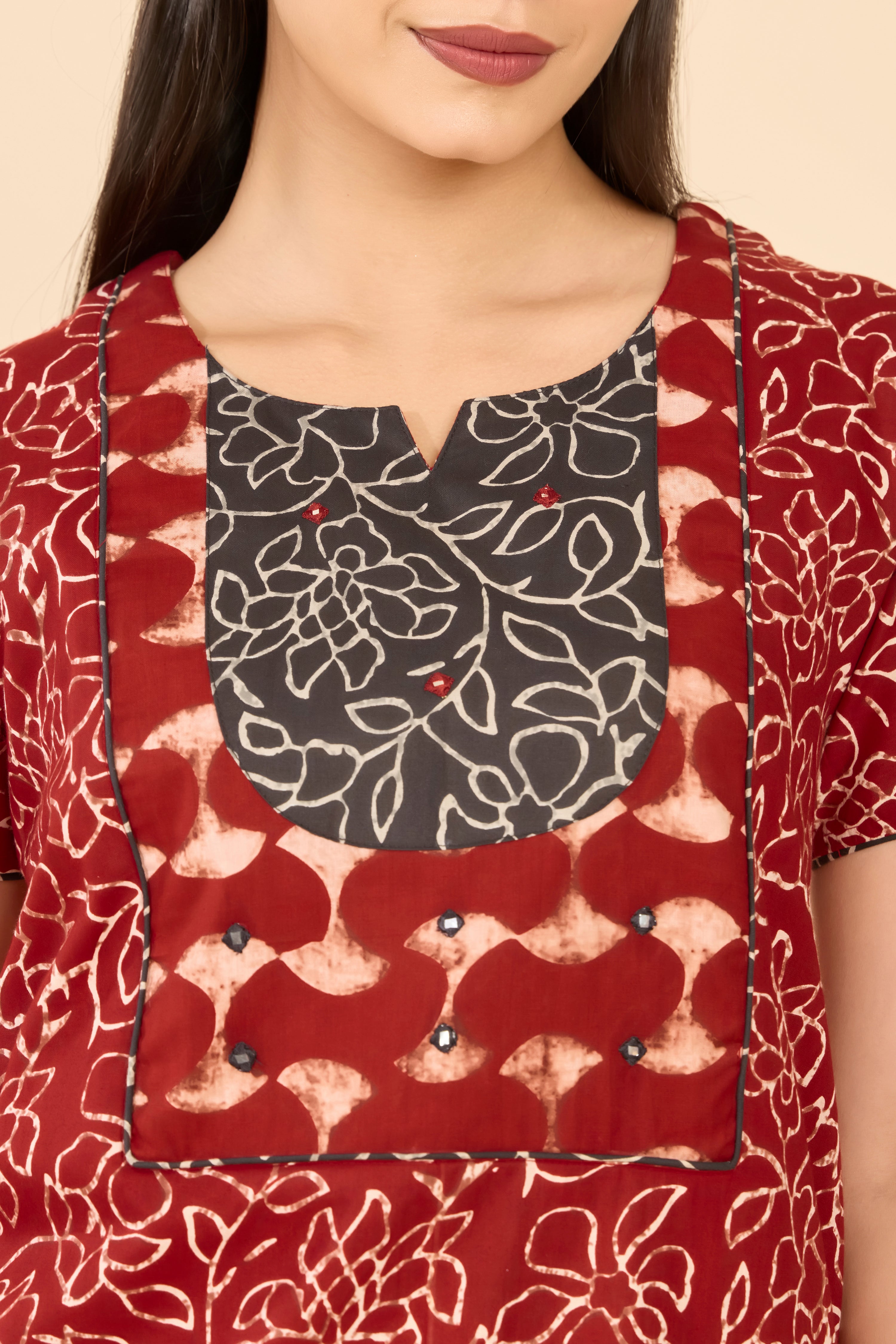 Maroon Batik Printed Cotton Nightwear