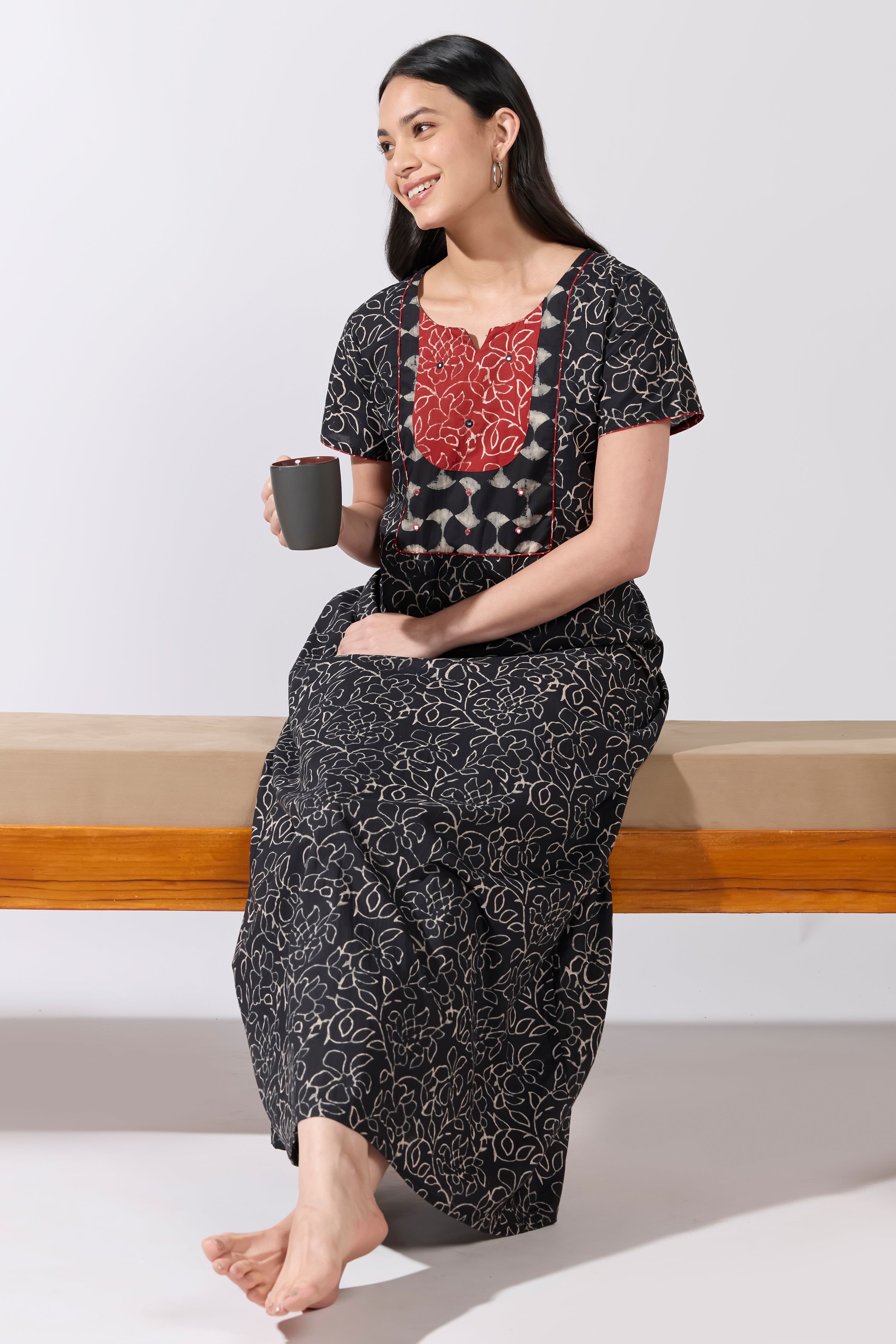 Black Batik Printed Cotton Nightwear