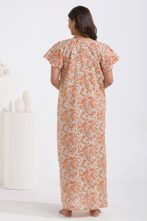 Paisley Printed Pastel Orange Nighty with Bell Sleeve