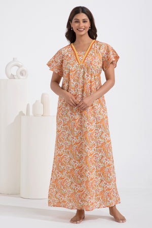 Paisley Printed Pastel Orange Nighty with Bell Sleeve
