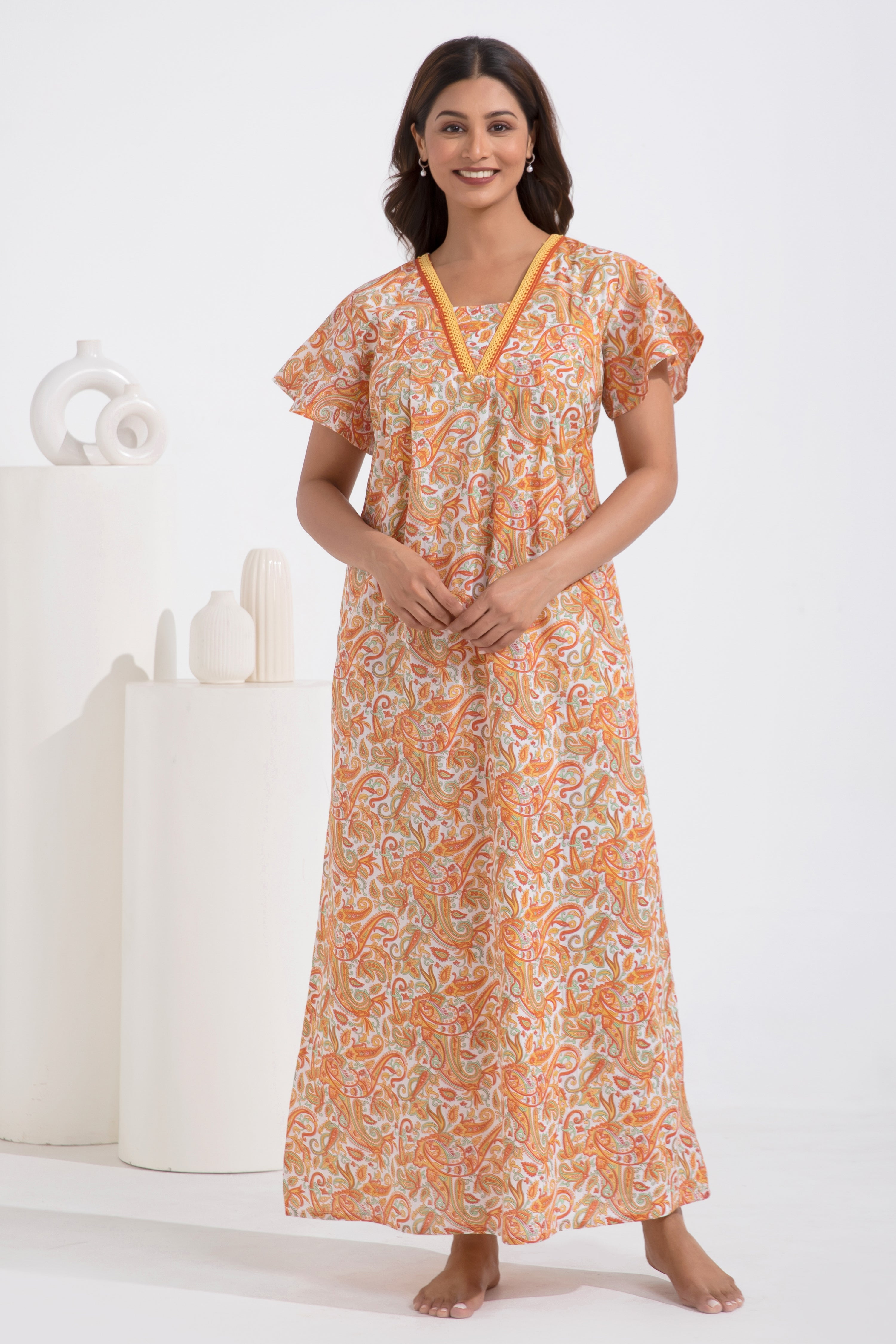 Paisley Printed Pastel Orange Nighty with Bell Sleeve