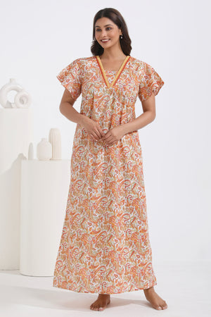Paisley Printed Pastel Orange Nighty with Bell Sleeve