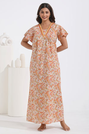 Paisley Printed Pastel Orange Nighty with Bell Sleeve