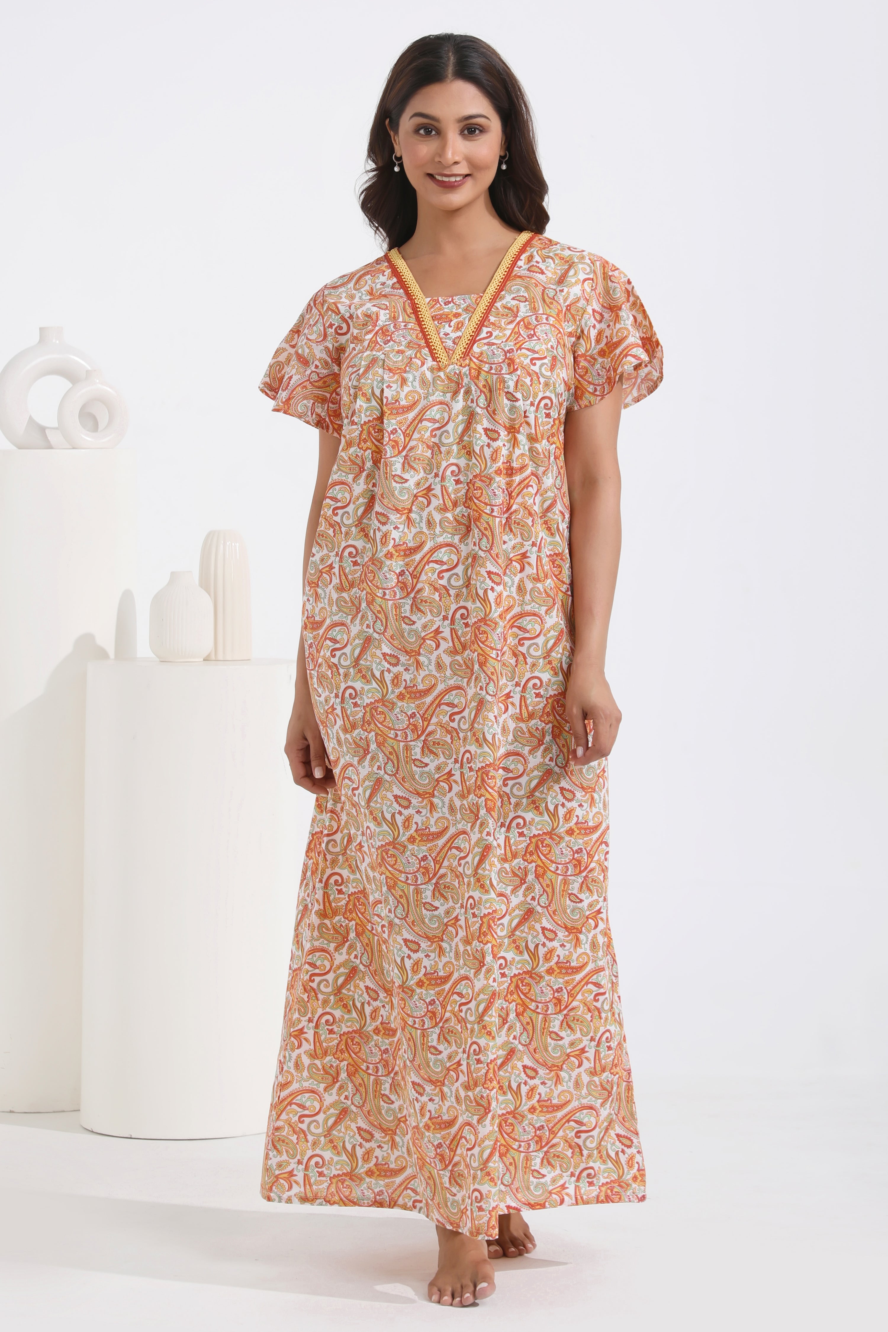 Paisley Printed Pastel Orange Nighty with Bell Sleeve
