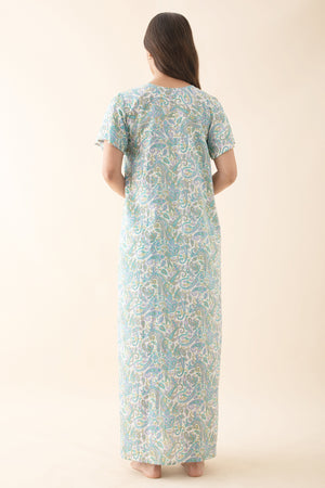 Paisley Printed Pastel Turquoise Nighty with Bell Sleeve