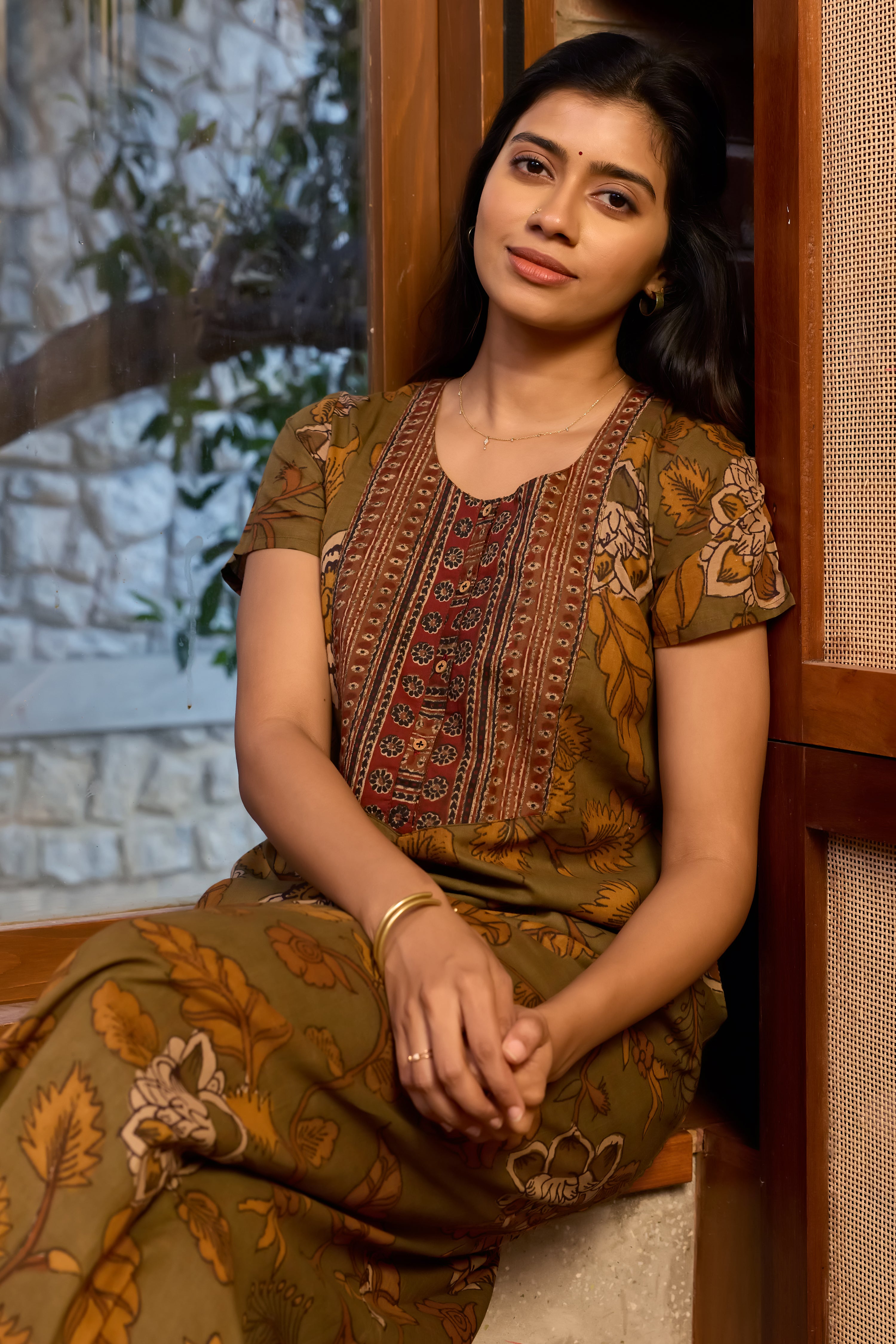 Brown Floral Printed Cotton Nightwear