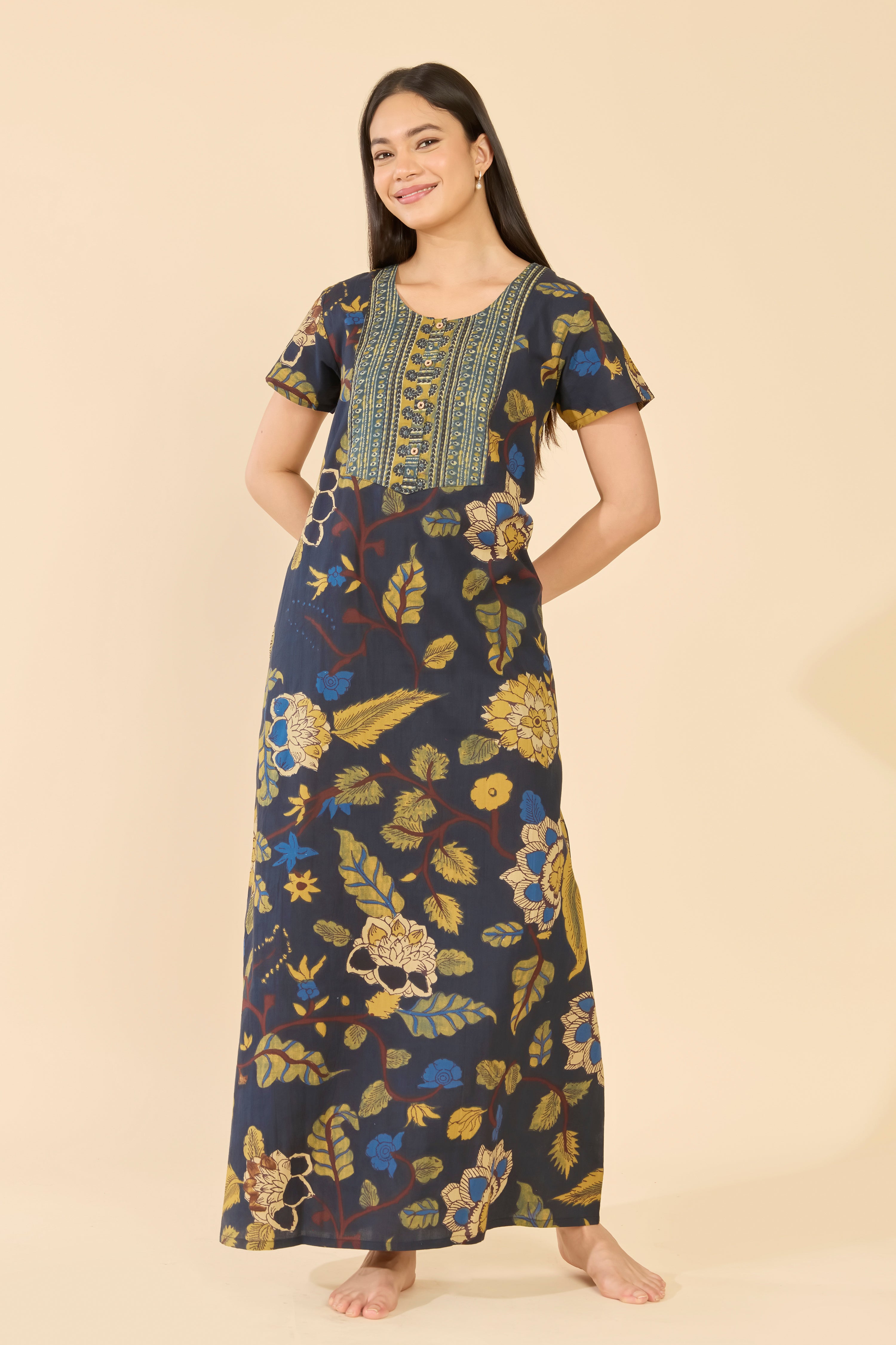Navy Floral Printed Cotton Nightwear