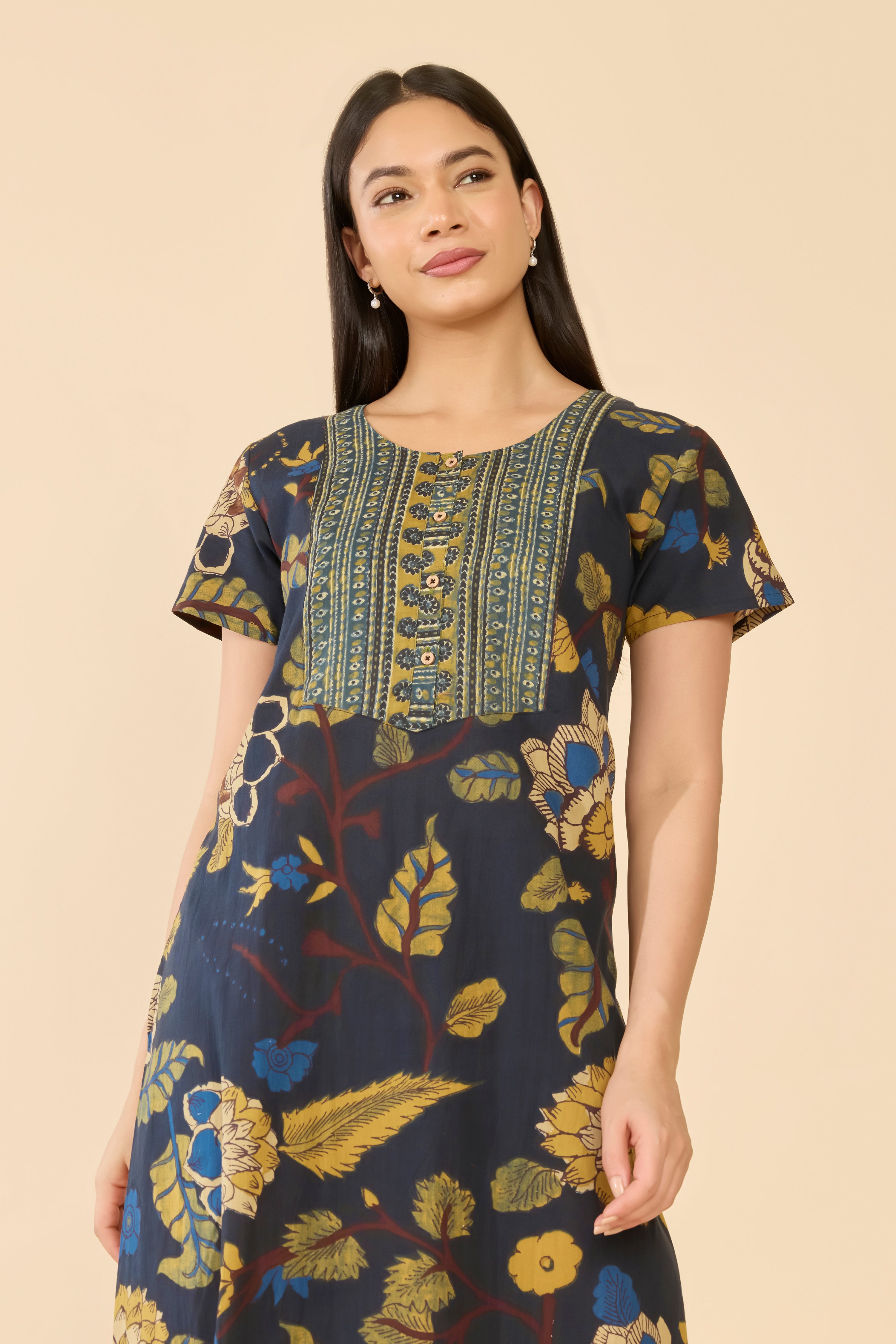 Navy Floral Printed Cotton Nightwear