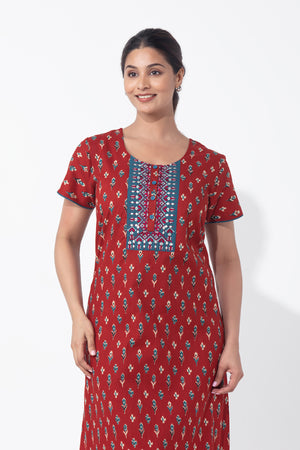 Geometric Floral Printed & Embroidered Red Nighty