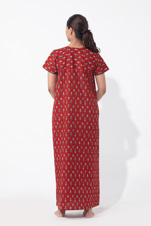 Geometric Floral Printed & Embroidered Red Nighty