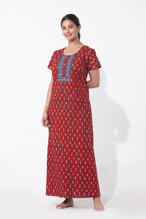 Geometric Floral Printed & Embroidered Red Nighty