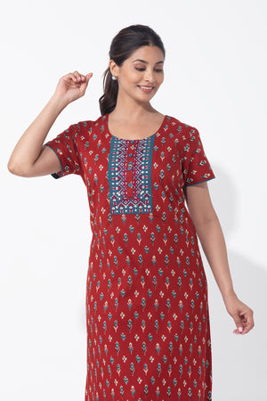Geometric Floral Printed & Embroidered Red Nighty