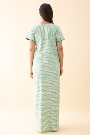 Floral Embroidered Polka Printed Nighty - Green