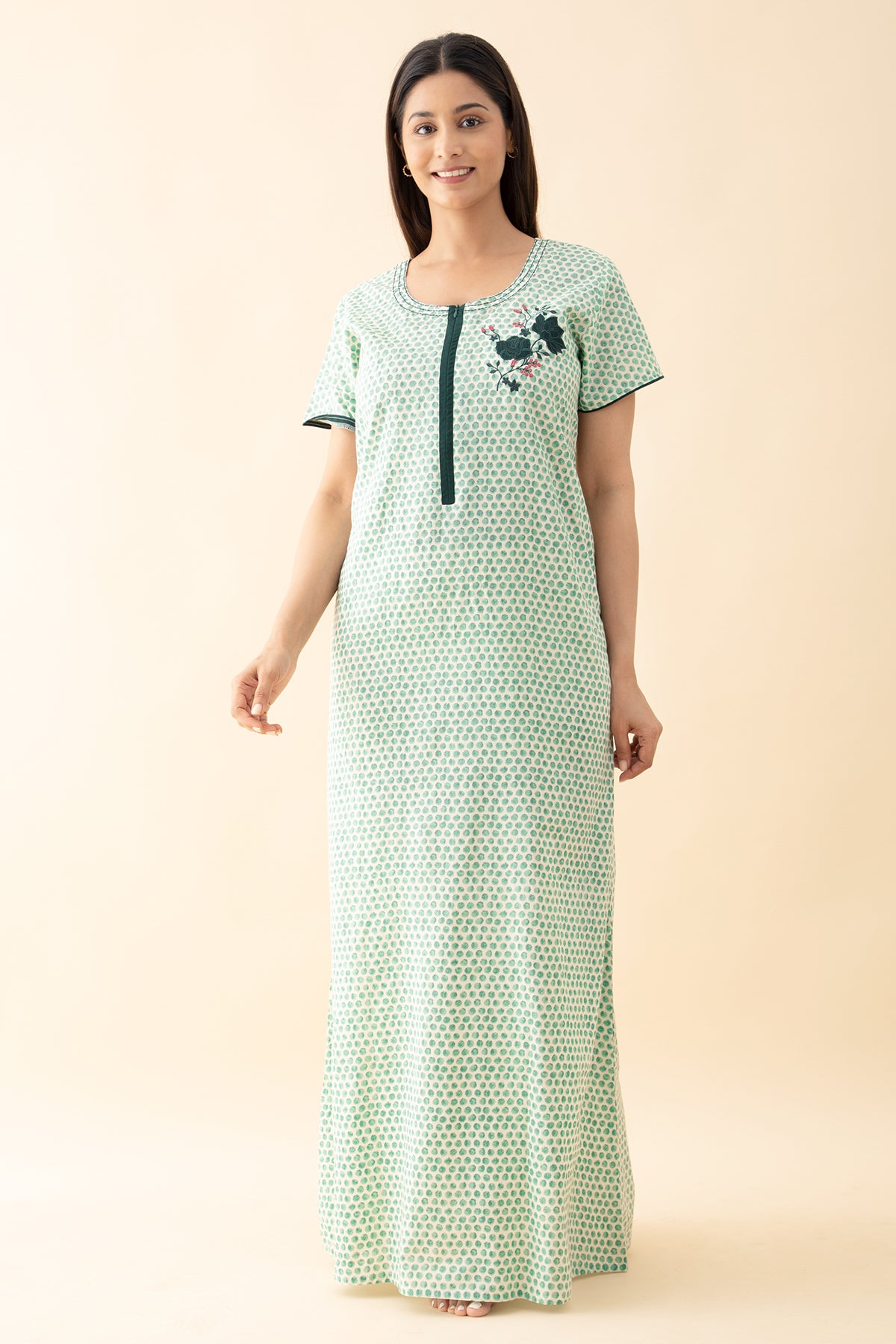 Floral Embroidered Polka Printed Nighty - Green