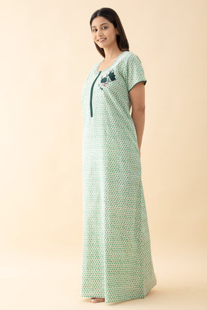 Floral Embroidered Polka Printed Nighty - Green