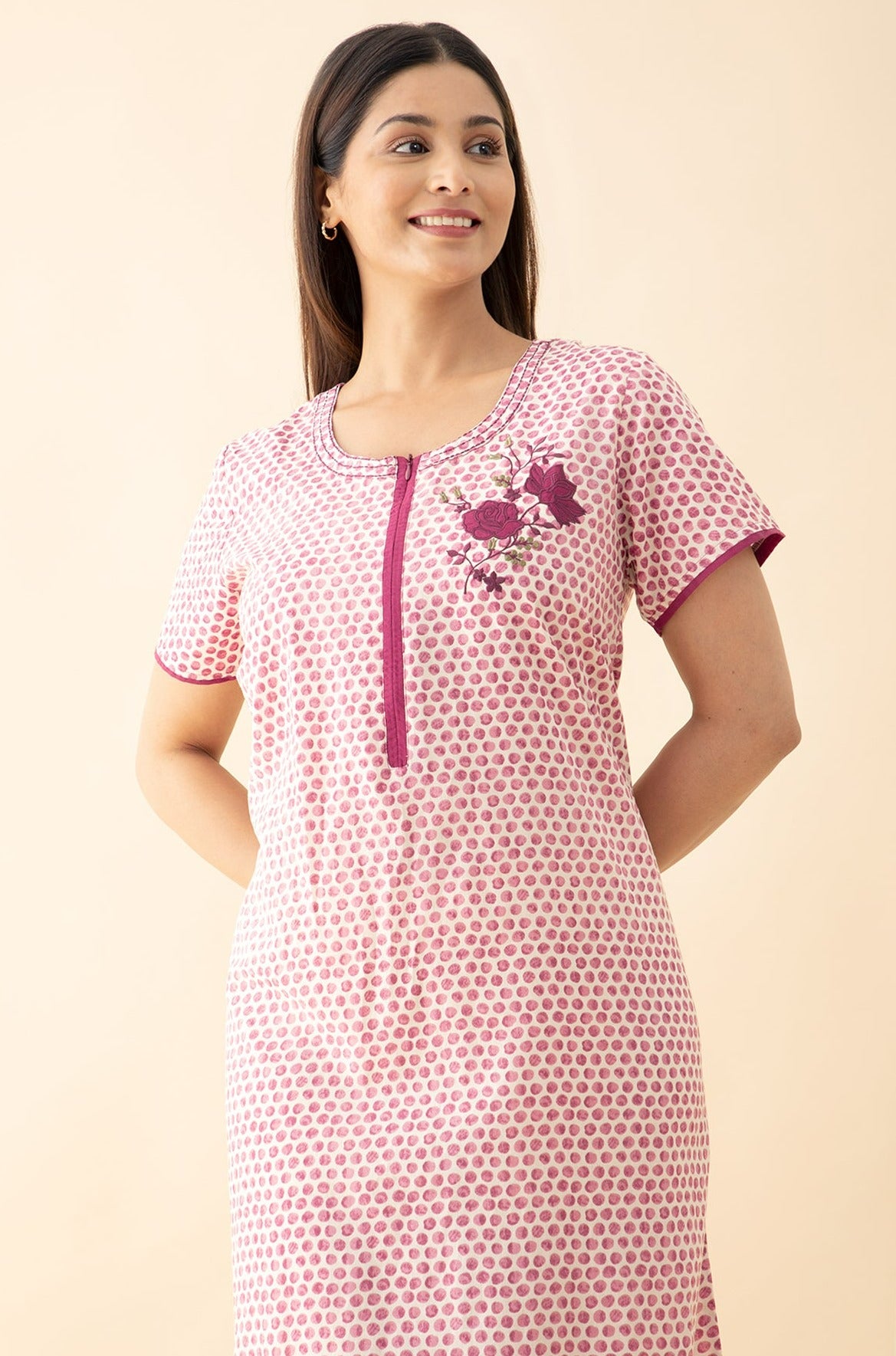 Floral Embroidered Polka Printed Nighty - Pink