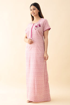 Floral Embroidered Polka Printed Nighty - Pink