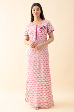 Floral Embroidered Polka Printed Nighty - Pink