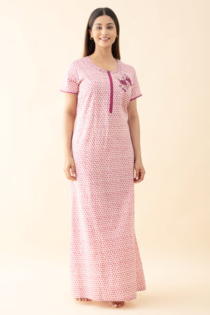 Floral Embroidered Polka Printed Nighty - Pink