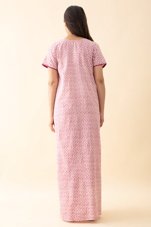 Floral Embroidered Polka Printed Nighty - Pink