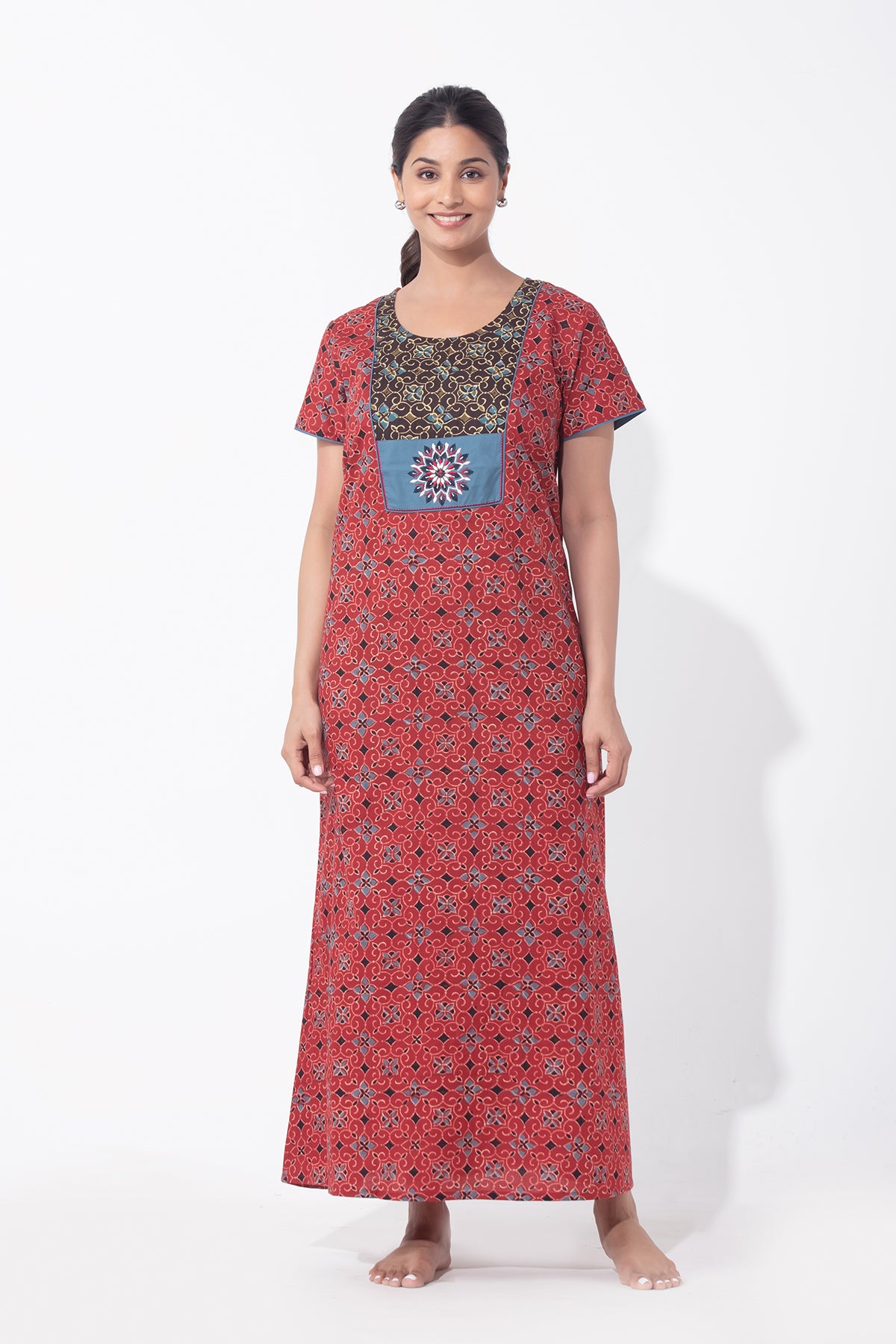 Ajrakh Printed & Embroidered Red Cotton Nighty