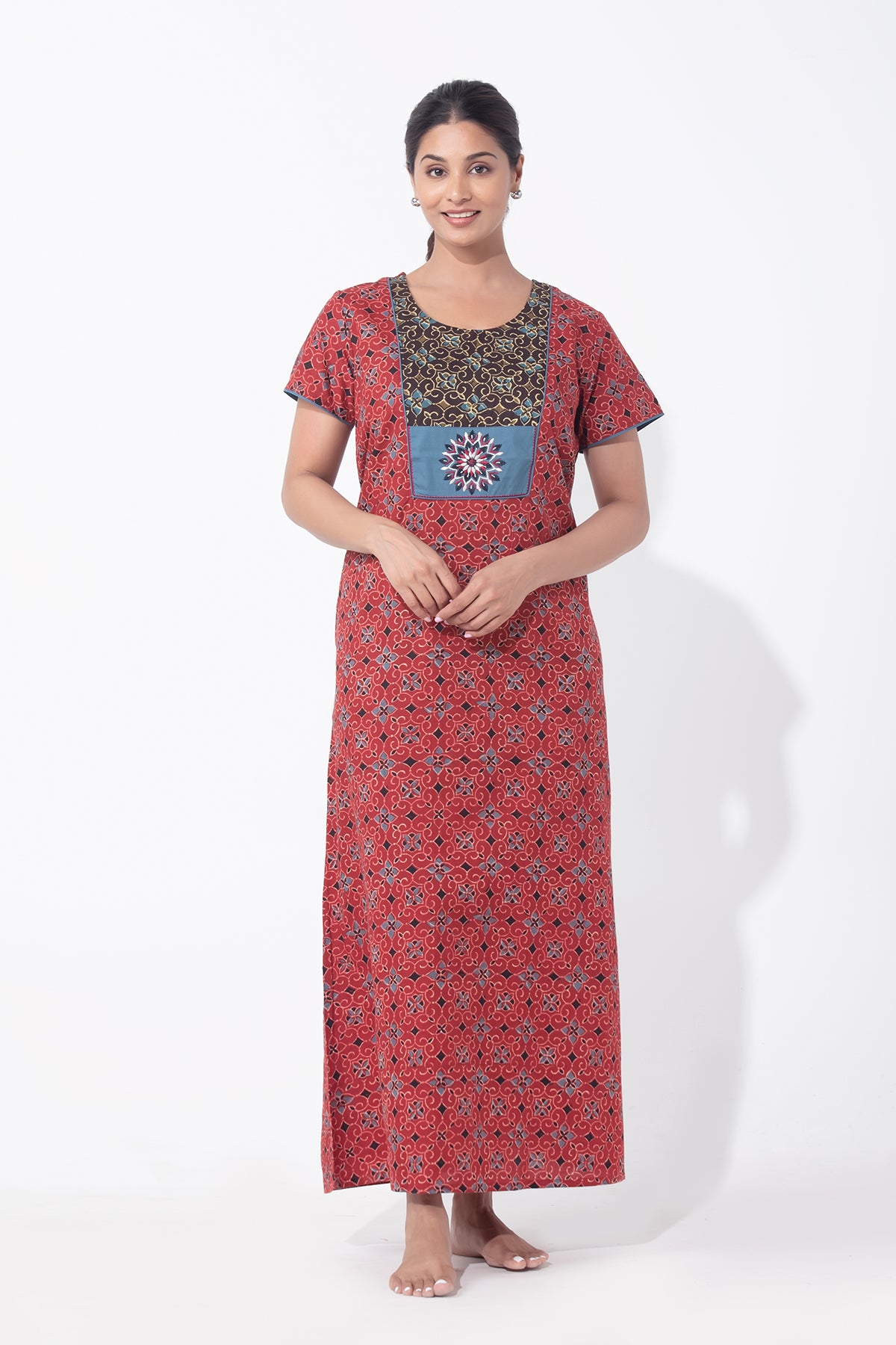 Ajrakh Printed & Embroidered Red Cotton Nighty