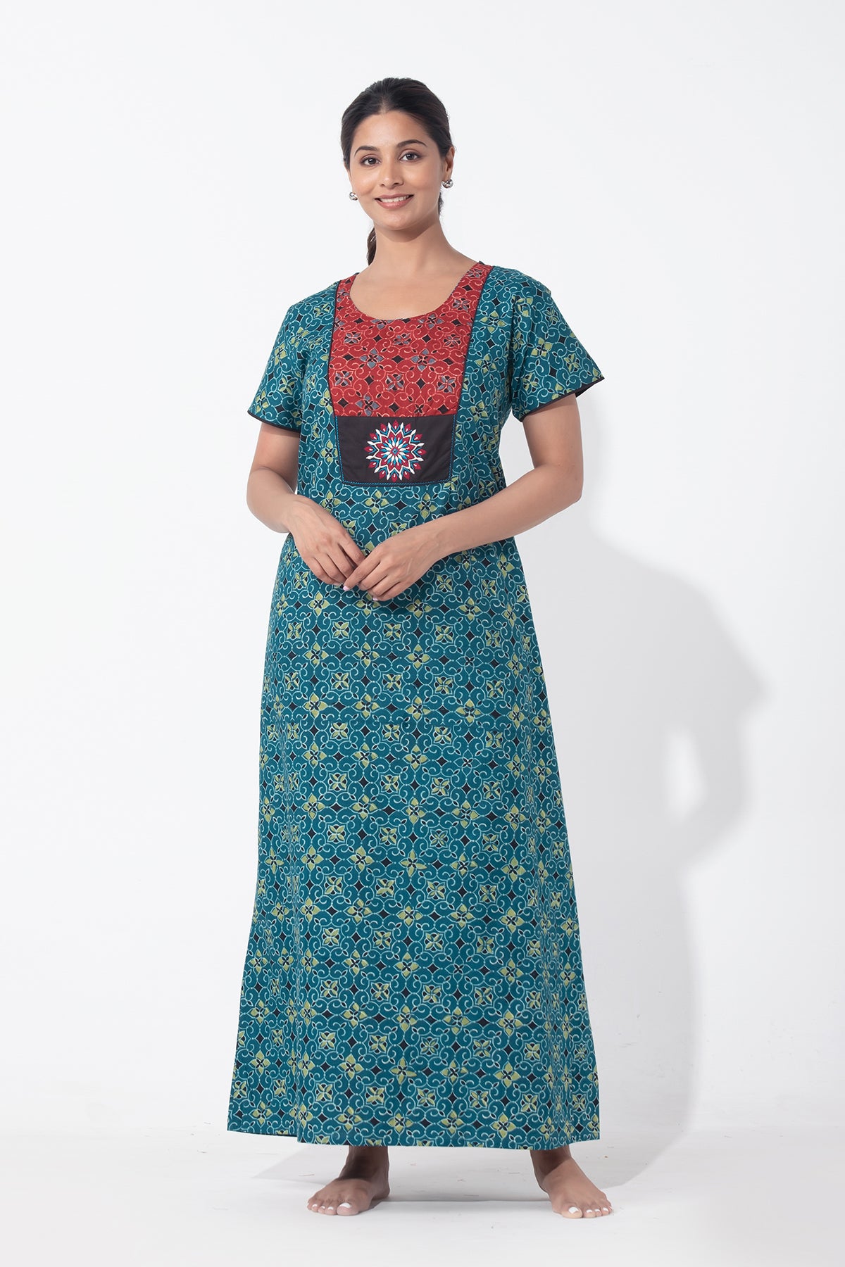Ajrakh Printed & Embroidered Turquoise Cotton Nighty