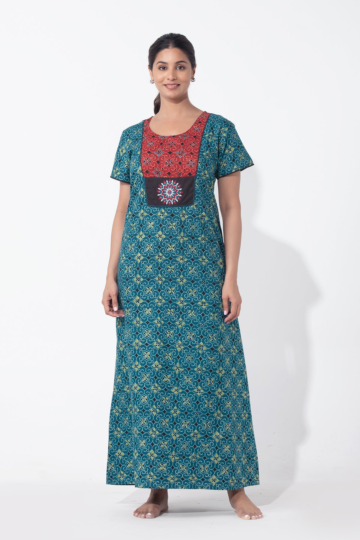 Ajrakh Printed & Embroidered Turquoise Cotton Nighty