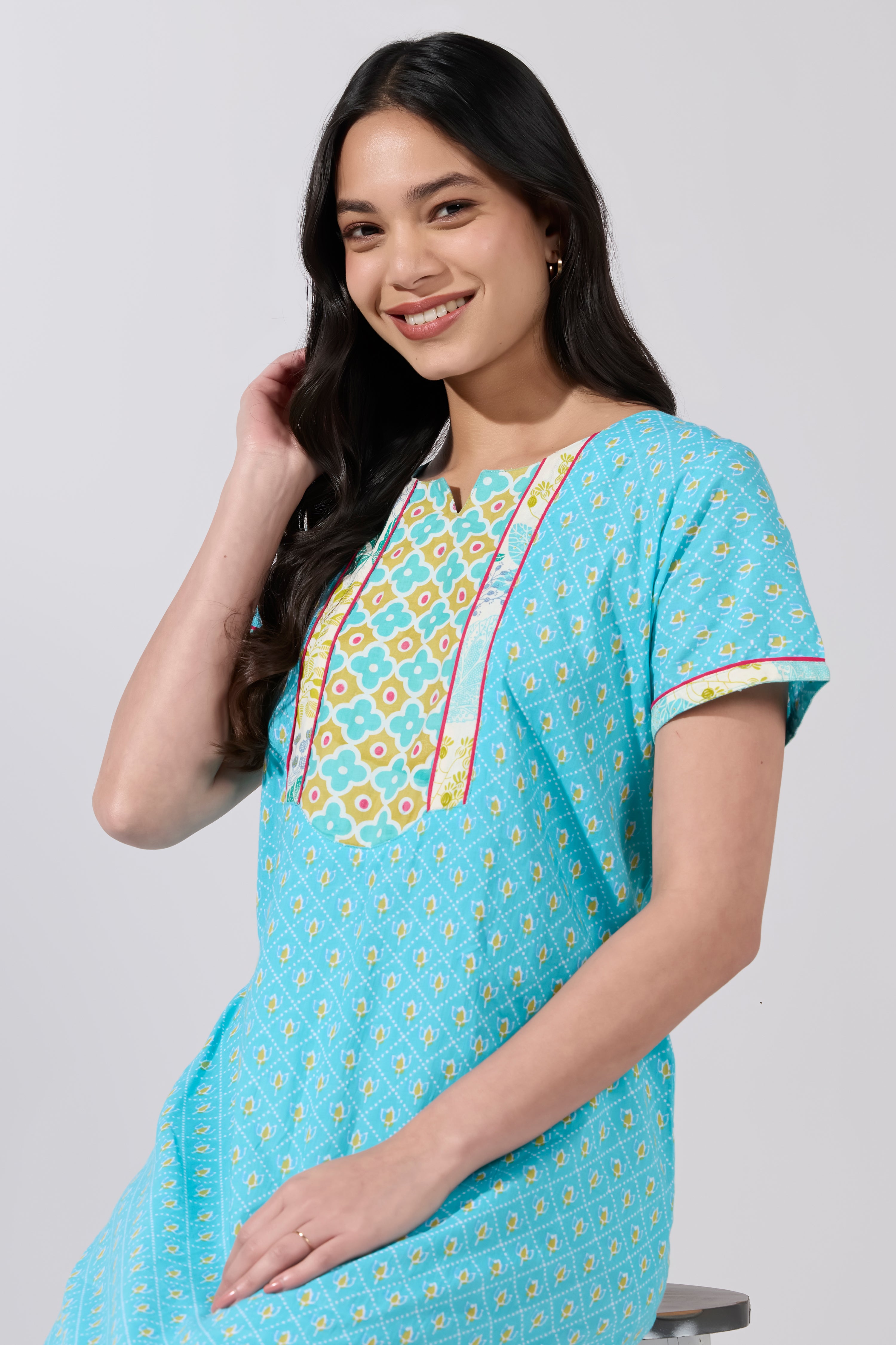 LIGHT BLUE LOTUS PRINT COTTON NIGHTWEAR