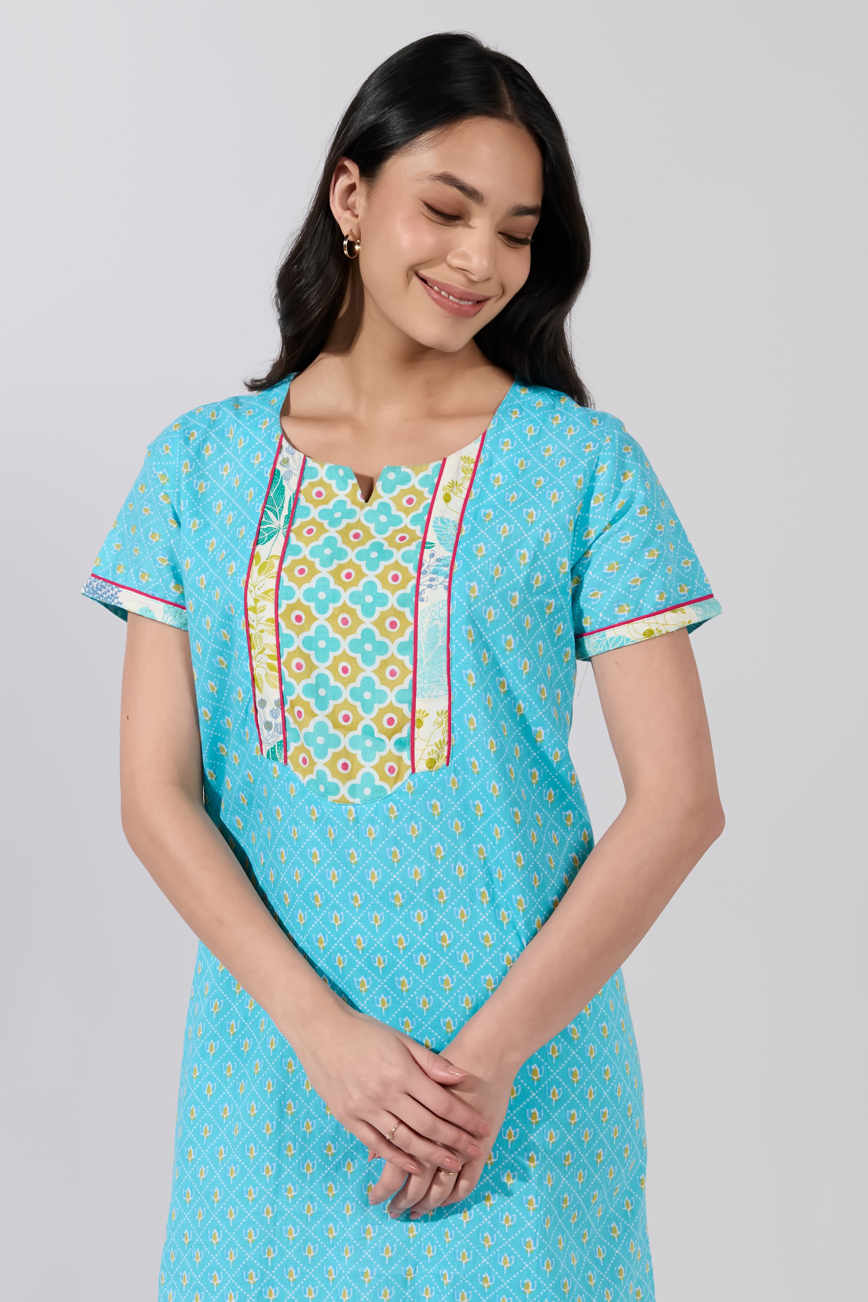 LIGHT BLUE LOTUS PRINT COTTON NIGHTWEAR