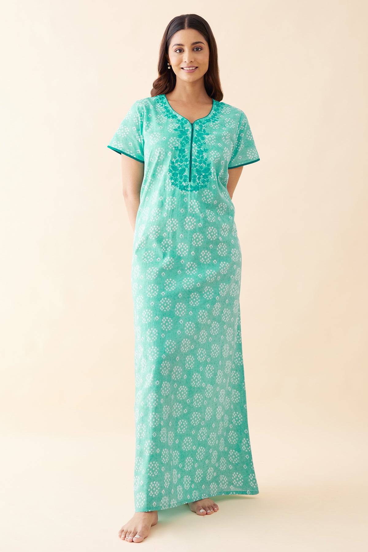 Bandhani Painted & Embroidered Nighty - Blue