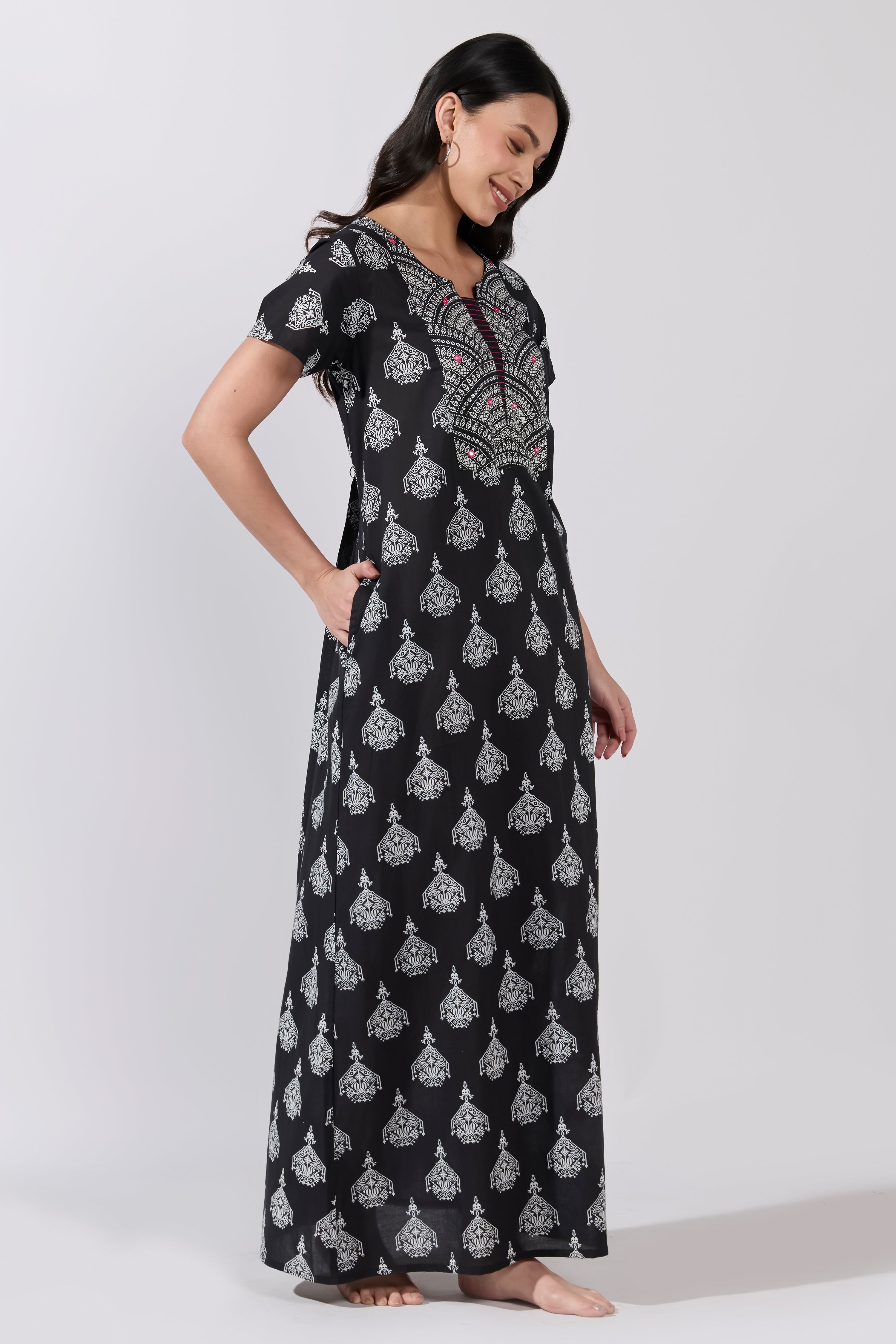 Black Chandelier Print Cotton Nighty with Jaal Yoke