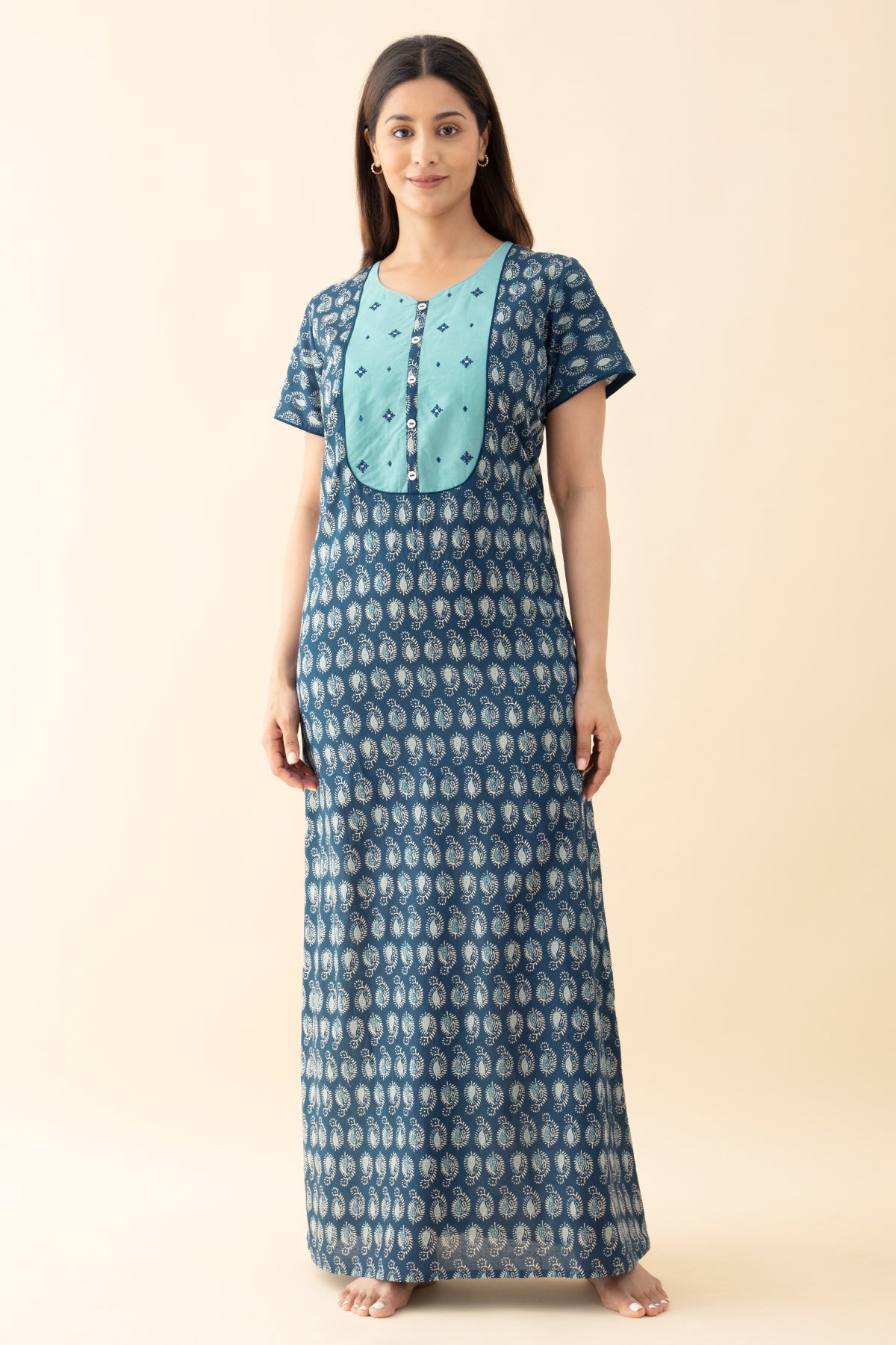 Paisley Printed & Mirror Embellished Nighty - Blue