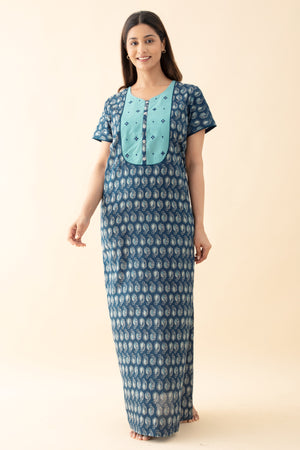 Paisley Printed & Mirror Embellished Nighty - Blue