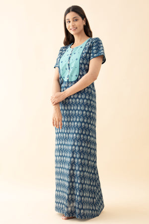 Paisley Printed & Mirror Embellished Nighty - Blue