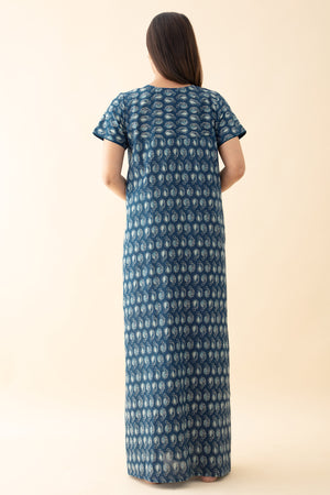 Paisley Printed & Mirror Embellished Nighty - Blue