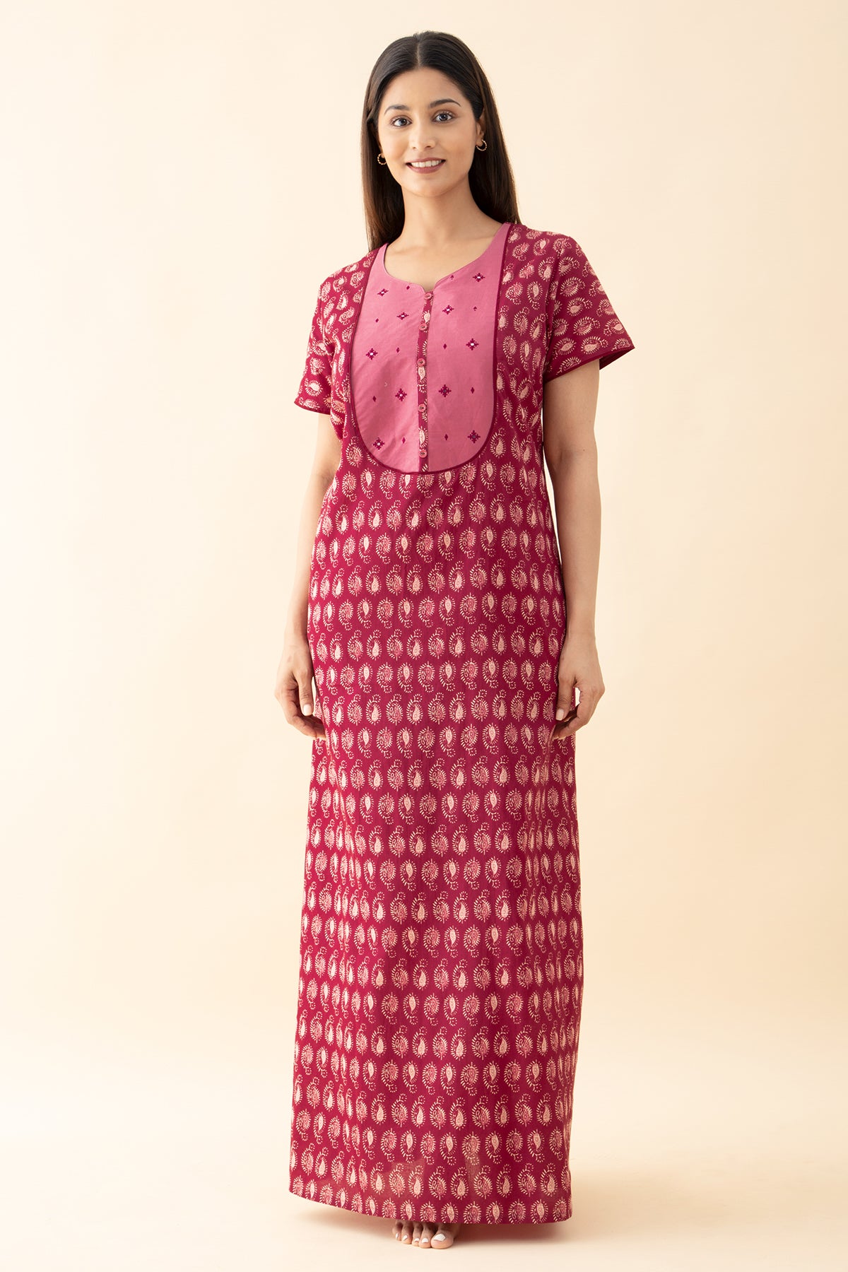 Paisley Printed & Mirror Embellished Nighty - Pink