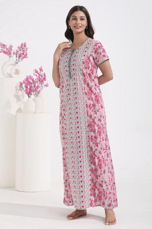 Floral & Geometric Printed Pink Pastel Nighty