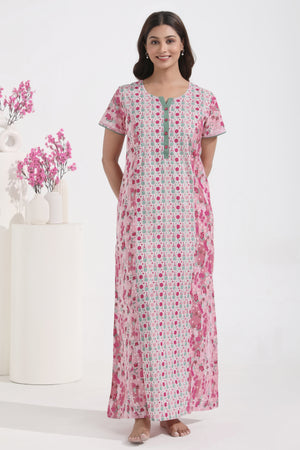 Floral & Geometric Printed Pink Pastel Nighty