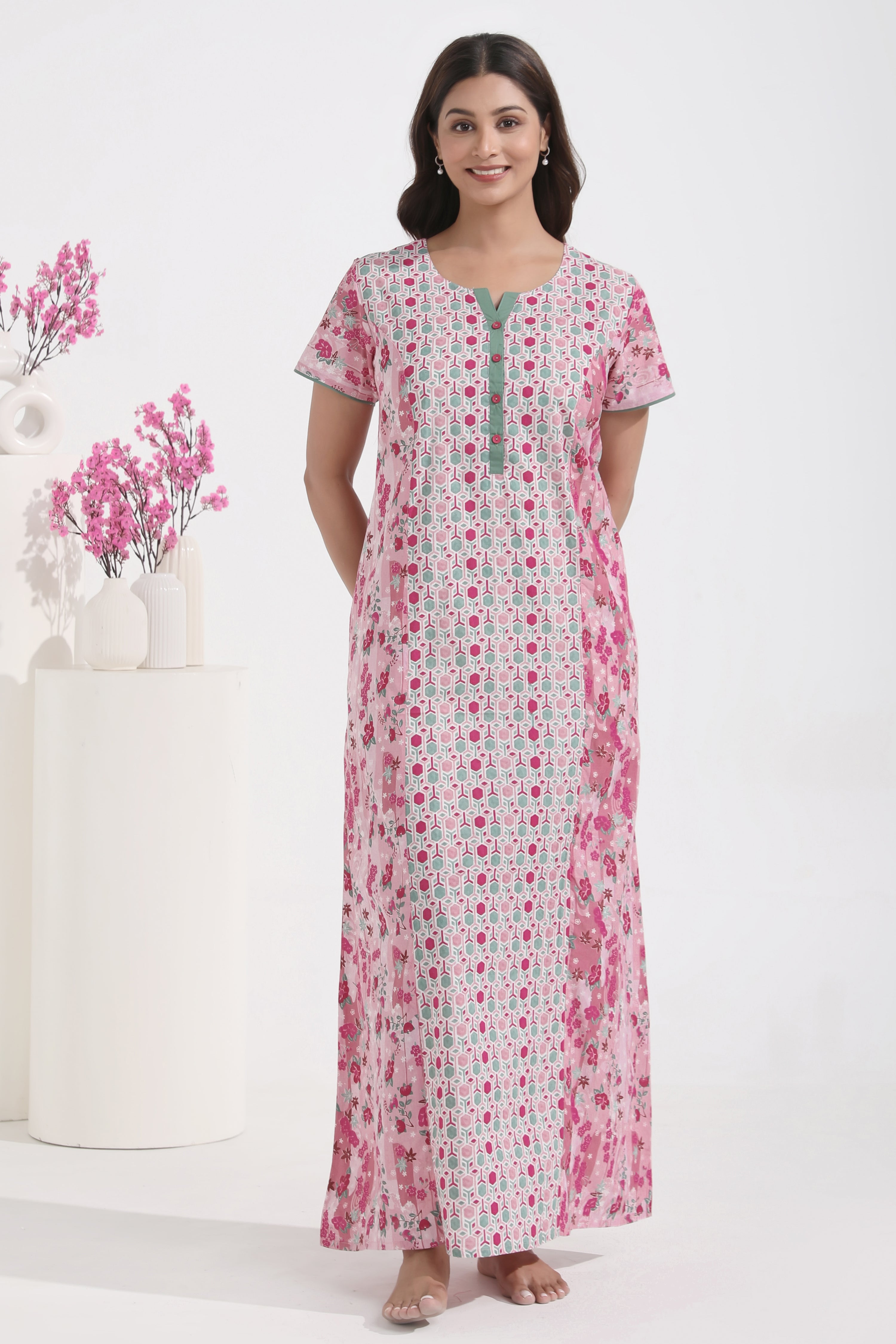 Floral & Geometric Printed Pink Pastel Nighty