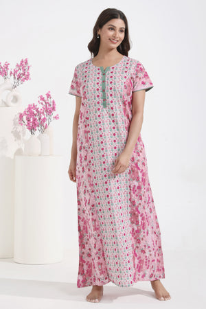 Floral & Geometric Printed Pink Pastel Nighty