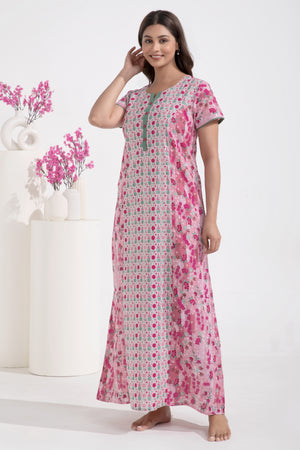 Floral & Geometric Printed Pink Pastel Nighty