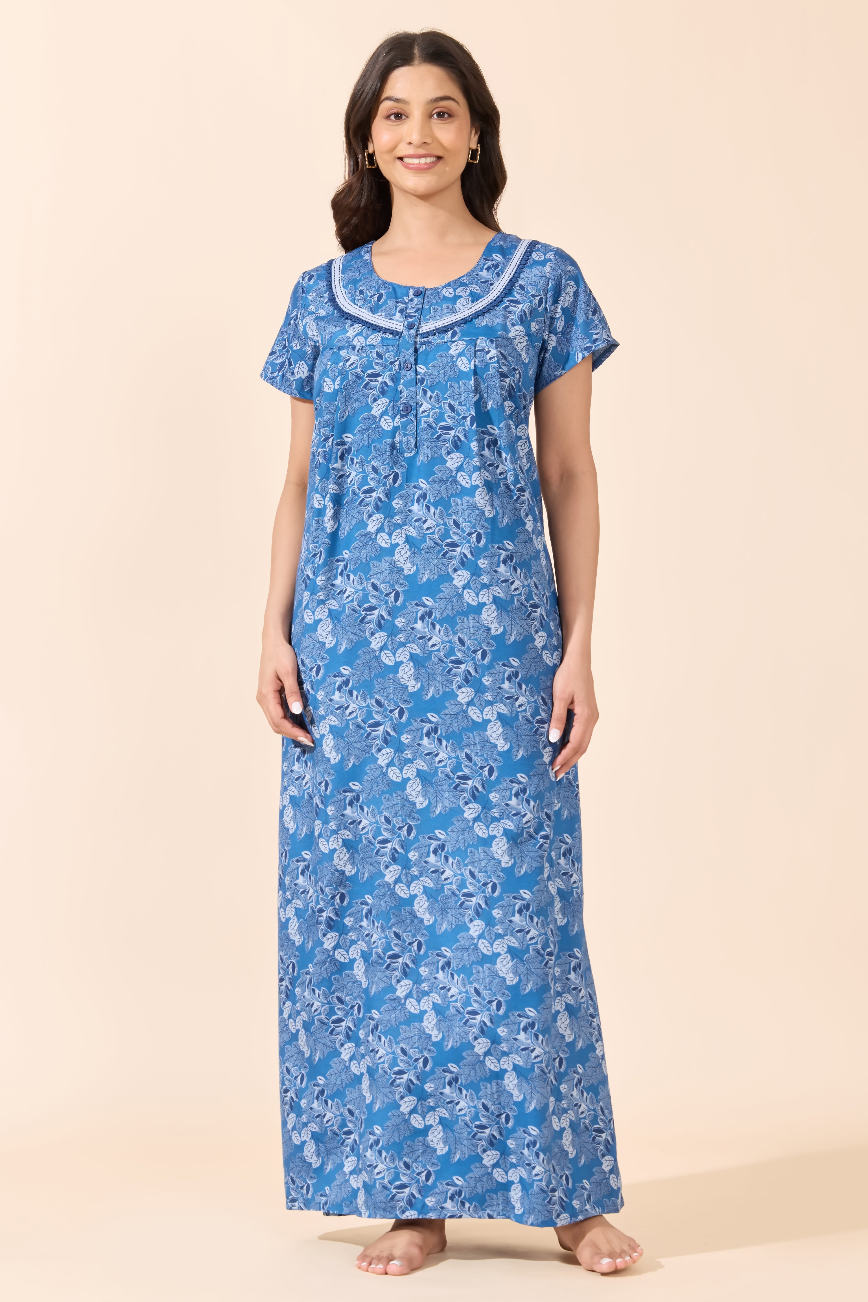 Blue Foliage Print Cotton Nighty with Lace
