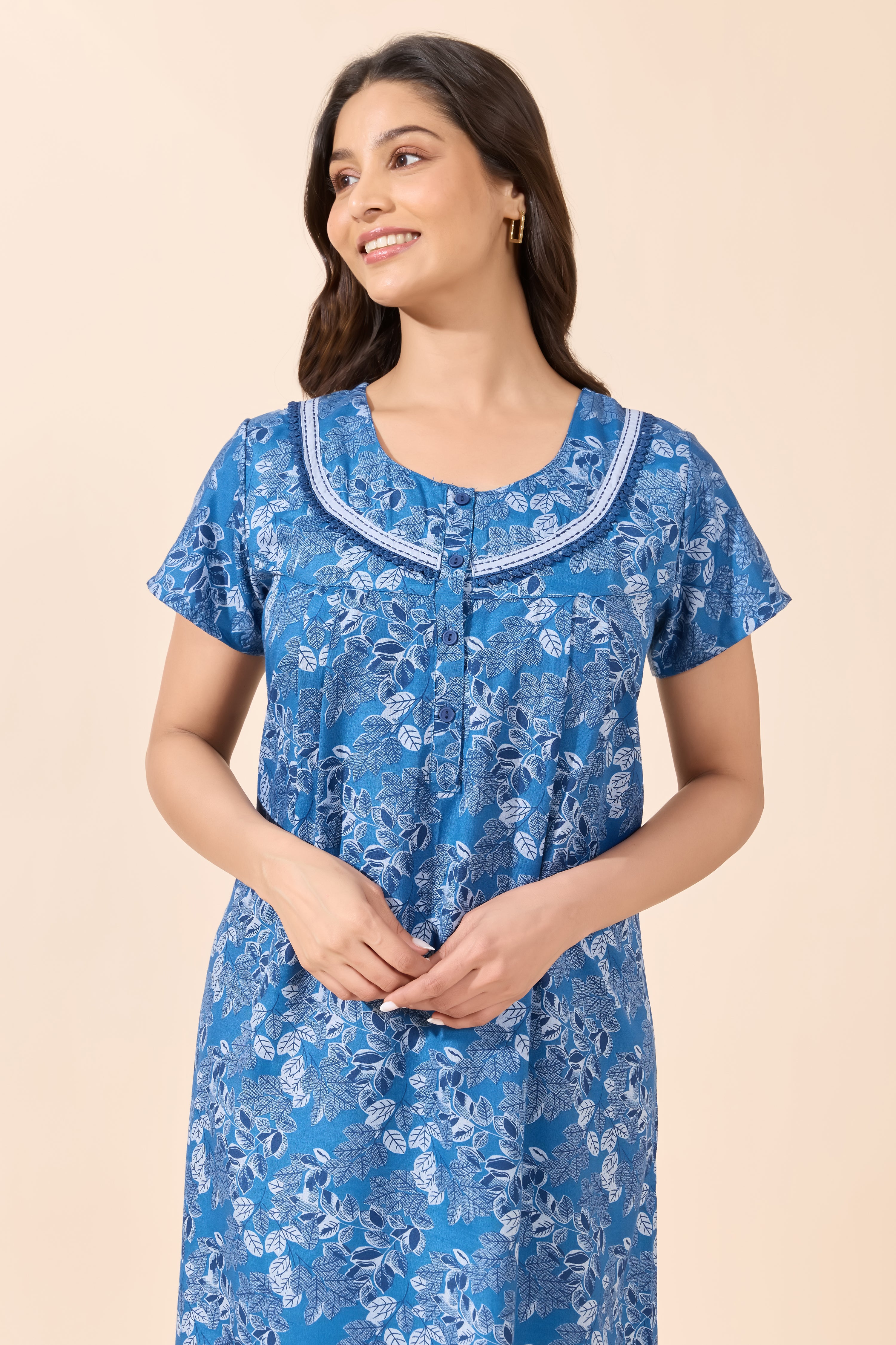 Blue Foliage Print Cotton Nighty with Lace